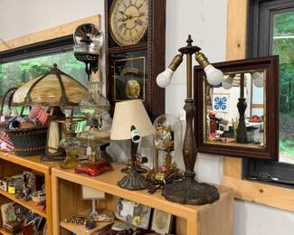 Misc lamps including slag glass electric lamp; wall clock & mirror; 
