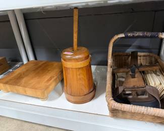 Steroptican with cards. Nice cutting block and decorative butter churn.