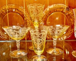 Vintage Fostoria ‘Versailles’ Topaz Crystal Stemware & luncheon Playes