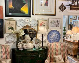 Pair of Custom Upholstered Hugo's Wingback Chairs, Vintage Custom Painted Karges Two Door/1 Drawer Small Buffet,  McKenzie Thorpe Original Art