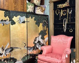 Vintage Four Panel Asian Screen, Vintage Armoire, Pink Wingback Chair, Vintage Needlepoint Cat Throw Pillows, Large selection of Costume Jewelry