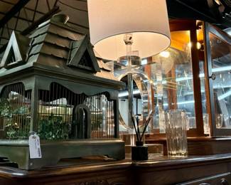 Vintage Wooden Bird Cage, Lucite Table Lamp