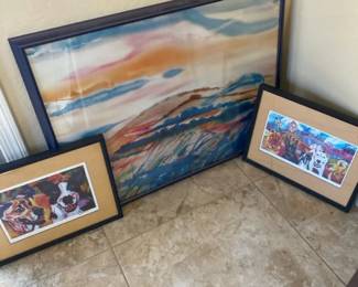 Two Signed And Framed Doggie Pictures And A Watercolor Print