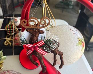 Glitter Reindeer Christmas Ornament with Red Base and White Snowflakes