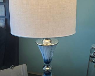Blue and White Swirl Glass Table Lamp with Linen Shade