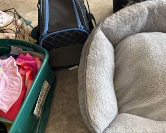 Plush Pet Bed, Dog Clothing Lot, and Pet carrier