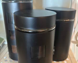 Set of 3 Black Stainless Steel Coffee Canisters with Glass Windows