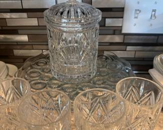 Cut Crystal Glass Biscuit Barrel with Lid and Tumblers