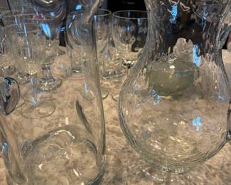 Hammered Glass Pitcher and Smooth Glass Pitcher with Etched Glasses