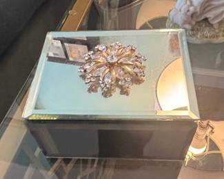 Vintage Mirrored Jewelry Box with Starburst Rhinestone Brooch