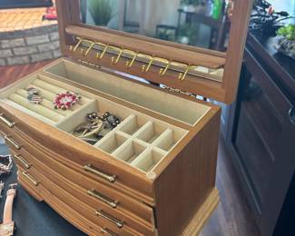 Vintage Pine Wood Jewelry Box with Mirror and Drawers