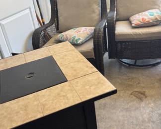 Wicker Swivel Chairs and Tile-Top Fire Pit Table Set