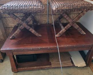 Heavy coffee table that raises towards couch, bamboo stools