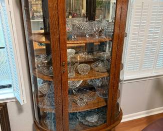 oak curved-glass curio cabinet, original wood shelves