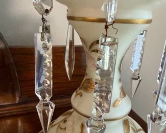 pair Bohemian luster lamps, cut crystal drops, 13 1/2" tall