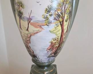Pairof Decorative Ceramic Urn Lamp Hand Painted Landscape Scene. Early 20th Century .