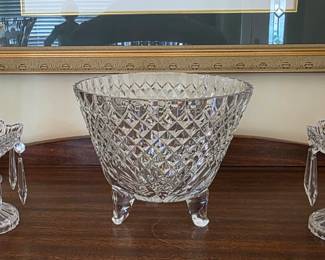 Pr. of Crystal Candle Holders w/Prisms & Waterford 3 Tripod Centerpiece