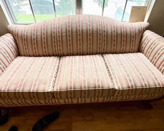 3 seat settee/sofa with pink/mauve/green/ivory floral design and wooden frame - traditional camelback sofa