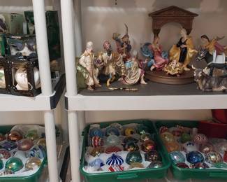 The Vatican” porcelain nativity, Glass Eye studio ornaments, witches balls