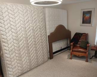 queen mattresses and box springs, queen headboard, Woodard arm chair
