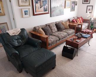 Classic Leather armchair and ottoman, Bassett mid century couch and loveseat, coffee table storage, copper pot