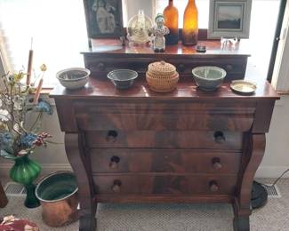 Antique American step back chest of drawers, Tom Tomasek, Mueller Bros amber bottle, Warner’s safe kidney and liver cure bottle, copper fire bucket