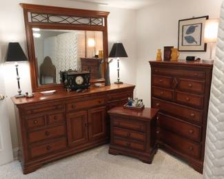 Alexander Julian cherry dresser with mirror, chest of drawers and nightstand, Sessions mantel clock, men's cologne