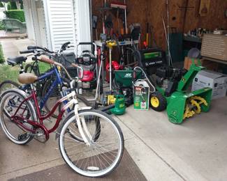 John Deere 742D snow blower, Homelite power washer, edger, leaf blower, weed whip, chemical spreader, Schwinn bicycle, Lome counter top composter, garden composter
