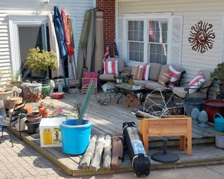 Webber Genesis gas grill, Woodard patio furniture sets, planters, lawn art, camp chairs, raised garden, 10x10 canopy