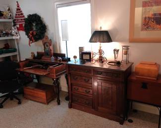 Victorian era chest of drawers, gingerbread clock, secretary desk,paperweights, wooden chest, office lamp