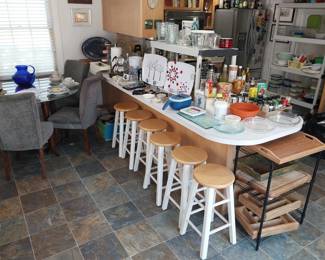 white and natural wood barstools, kitchen, glass top dining table with 4 chairs (one chair has stain on seat),