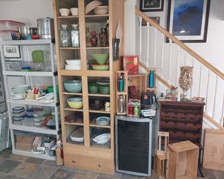 Pyrex nesting bowls, Lynk roll out cabinet drawers, Puss n Boots creamer, wine fridge, wine rack, Corning bakeware