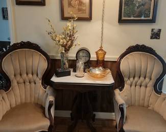 Mahogney Parlor Chairs, Marble Top Parlor Table, 1890-1910 Gilbert Mantle Clock