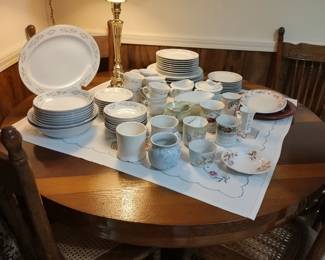 Antique Oak Round Dining Table w/4 chairs and China