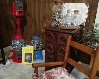 Antique Gumball Machines with Marbles, Antique Sewing Machine Drawer Cabinet