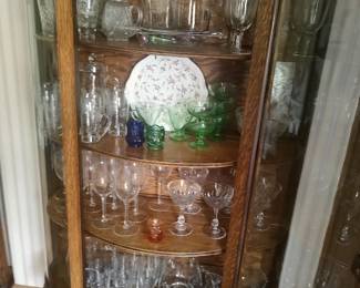 200 Year Old Oak Bow Front China Cabinet, Uranium Glass & Crystal