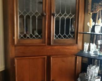 Beautiful Walnut Corner Cabinet w/Leaded Glass Doors