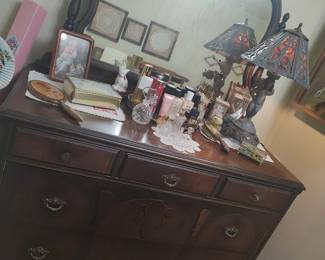 Antique Dresser, Channel No. 5, Slag Glass Lamp