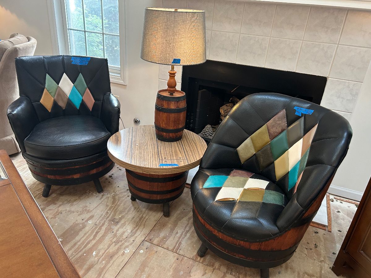 Chairs 26w x 22dx 17”floor to seat; chair on let $250, chair on right $150 barrel table 25”Rnd $100; barrel lamp 25”h $39