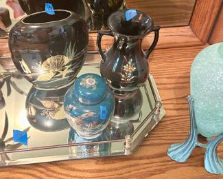 Asian vases, glass perfume dresser tray all priced in photo