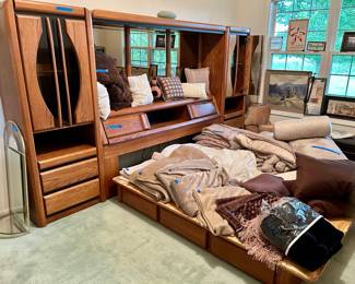 King headboardmattress base with 3 drawers on ea side & platform top $100; various blankets, comforters and pillows available