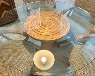 Glass top wood pedestal dining table 48”Rnd x 29.5h  $200; caster wood arm upholstered chairs $65 ea