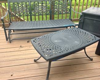 Vntg heavy black metal 3 seat glider 73”w x 32”d x 47h/15.5 floor to seat $300. Table 42”w x 24d x 19”h $115