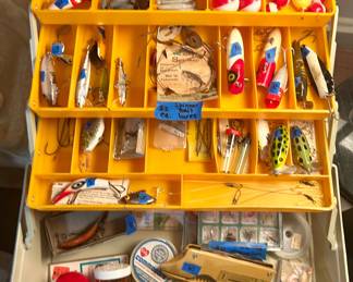 Tackle box with fishing lures priced as marked in picture