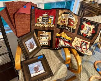 2 framed Coffee art $15set, coffee patchwork $12; 4 lined back placemats $10
