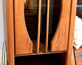 26 x 17d x 71”h 2 drawer 3 shelf narrow Vntg wood w/ glass top front doors cabinet $75 (2) available