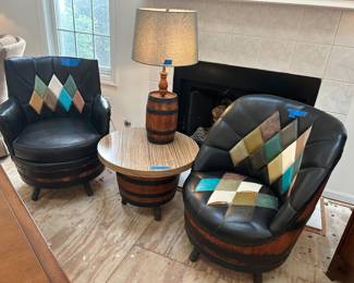 Chairs 26w x 22dx 17”floor to seat; chair on let $250, chair on right $150 barrel table 25”Rnd $100; barrel lamp 25”h $39