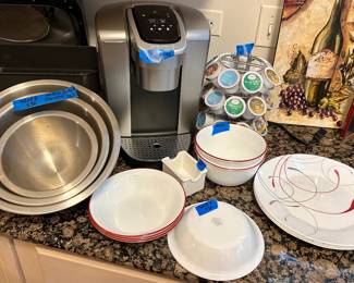 Corelle dinnerware $5/piece; Keurig K-elite k90 $45; three stainless steel nesting XOX rubber bottom bowls, $30