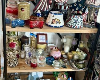 Various candles, ceramic shades, candle holders