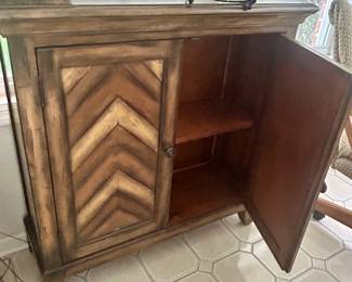 36“ x 12“ D by 36”h solid wood cabinet with inlaid wood Chevron pattern front, 1 center shelf inside $185